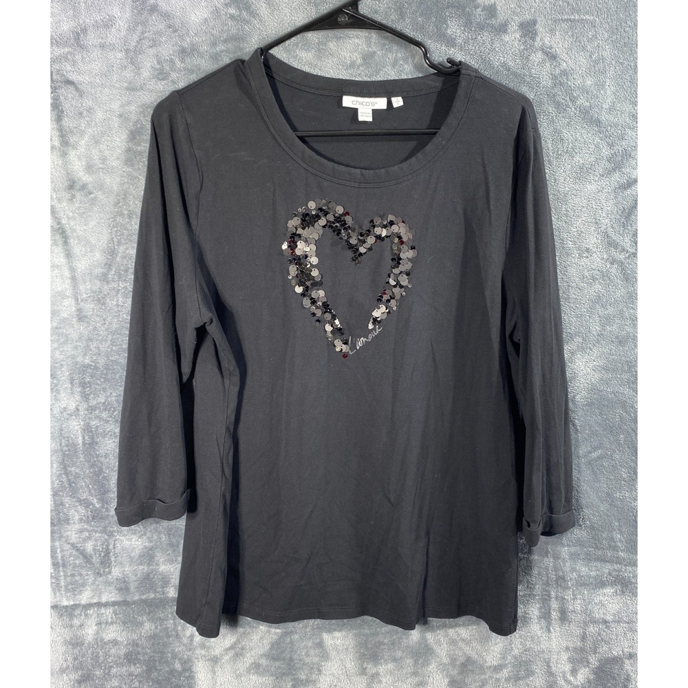Chicos Shirt Womens Large 2 Black Heart Graphic Sequin 3/4 Sleeve Minimal Blouse